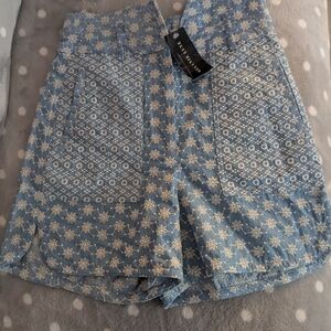 Elegant High Waist Blue Patterned Women's Shorts